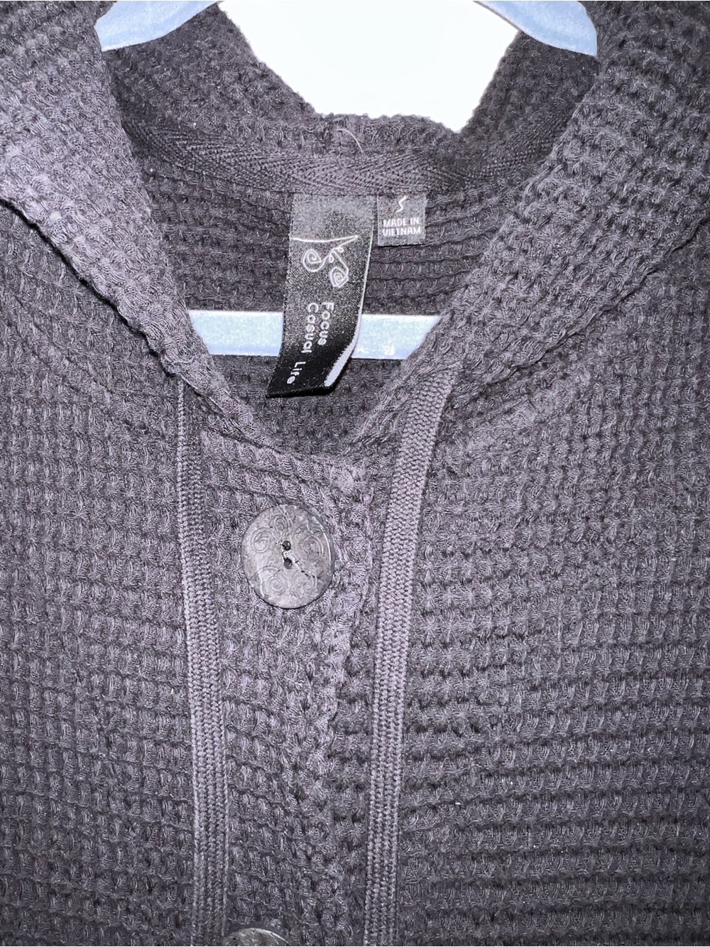 Women's Black Hooded Waffle Knit Button-Front Jacket - Picture 4 of 7